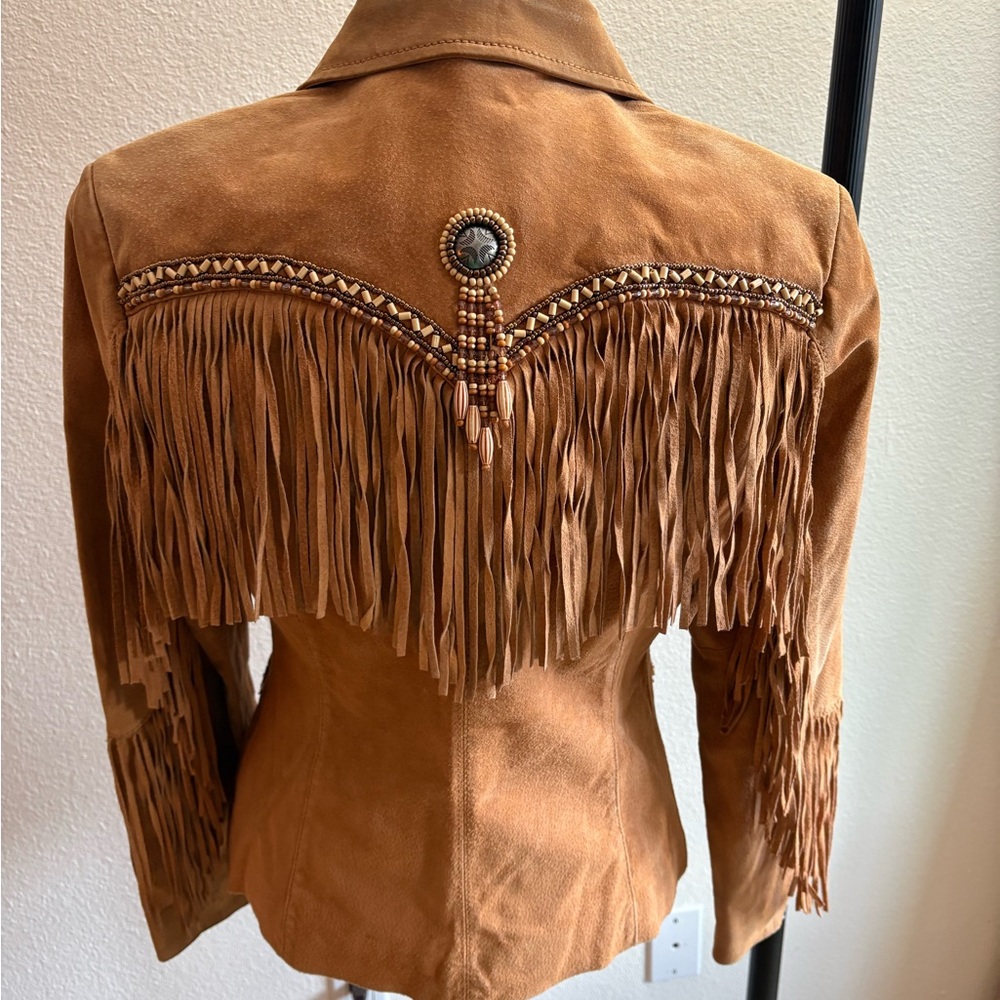 Women's Tan Fringe Leather Jacket - Picture 6 of 7